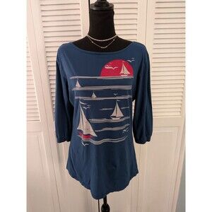 Blue Platypus Top Womens M Boatneck T-shirt Blue Sail Ocean Coastal Nautical
